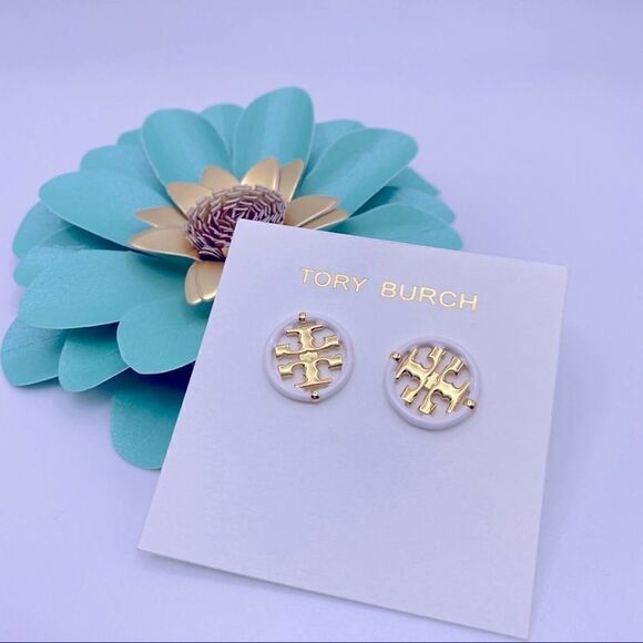 NWOT Tory Burch Gold Double T With White Enamel Trim Round Earrings - Picture 2 of 8